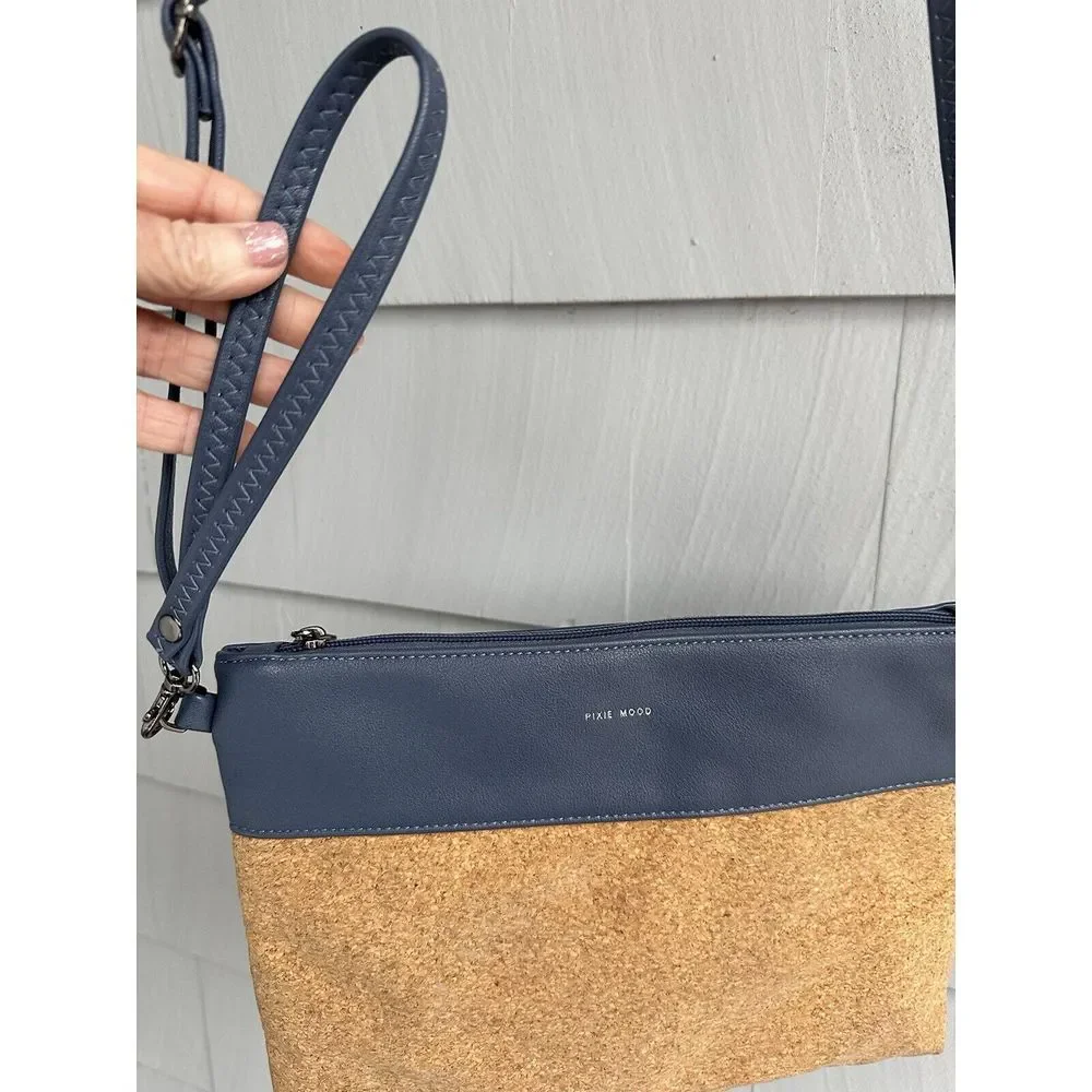 PIxie Mood Nicole Pouch‎ Blue Vegan Leather & Cork Convertible Crossbody Bag
